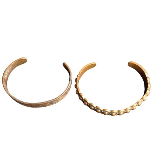 Solid Copper Vintage Cuff Bracelets Set Of 2 With Embossed Tribal & Scalloped De - Picture 7 of 8